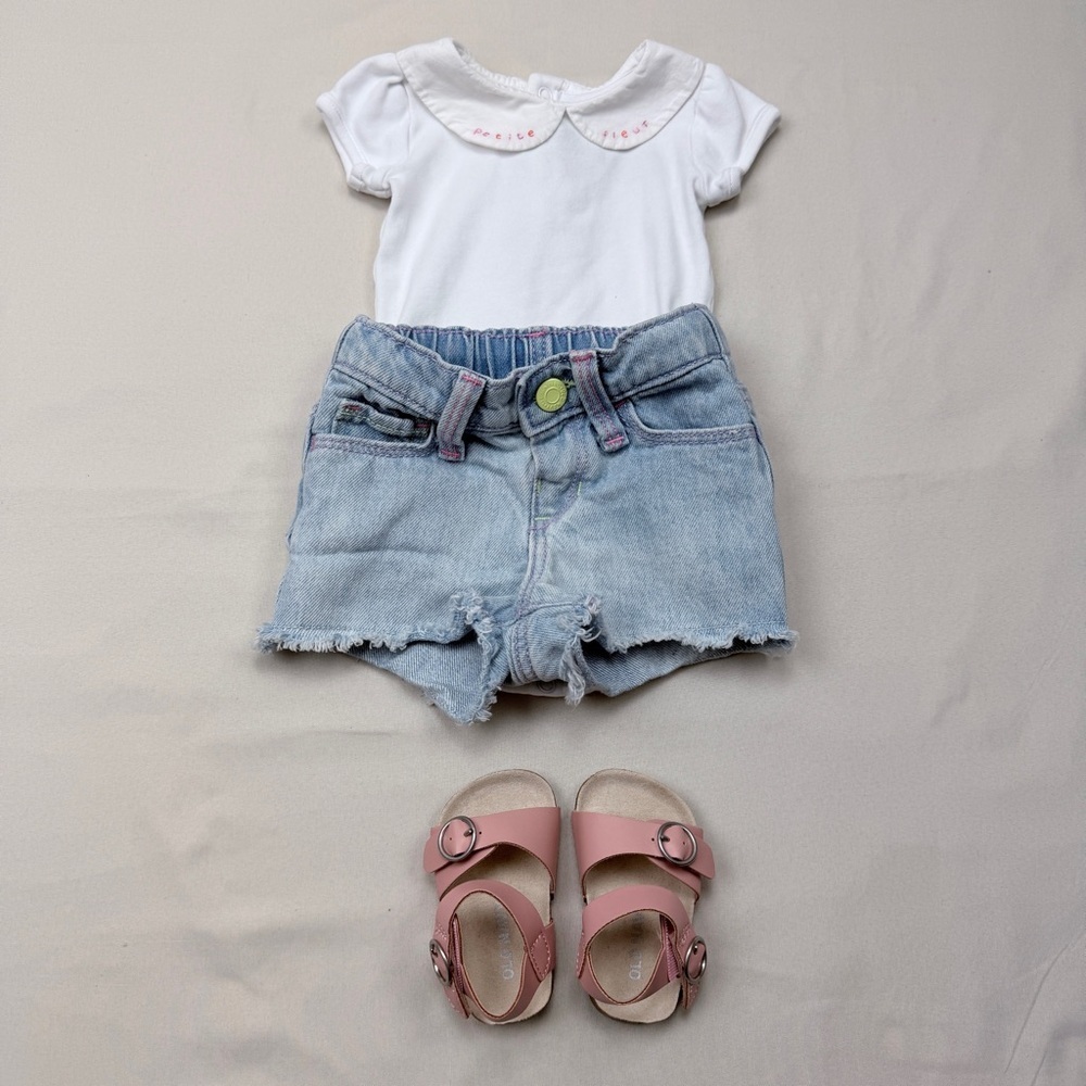 3 Piece Infant Girl Outfit, Old Navy & Jacadi Paris. Onesie, shorts, & Sandals